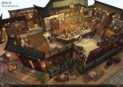 ArtStation - Paper Mage - Toad Apothecary, Vinci Ip Chinese Apothecary, Dnd Room, Interior Concept Art, Adventurer's Guild, Fantasy Rooms, Building Concept, Isometric Art, Location Inspiration, Book Paper