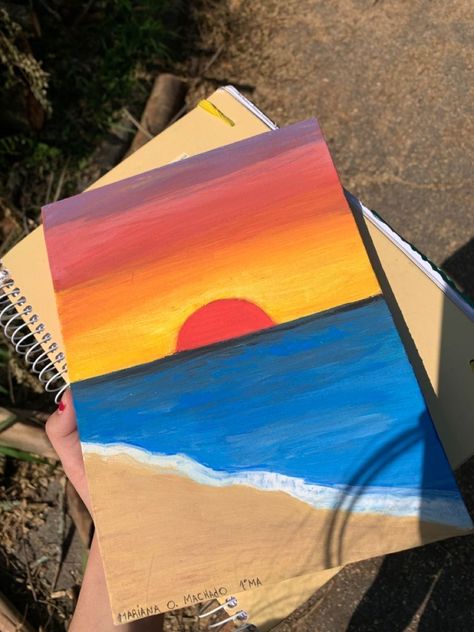 Small Canvas Art Sunset, Diy Sunset Painting Easy, Card Painting Ideas Acrylic, Sun Set Painting Easy, Easy Oil Pastel Art, Sunset Drawing Easy, Cute Easy Paintings, Sunset Canvas Painting, Sky Art Painting