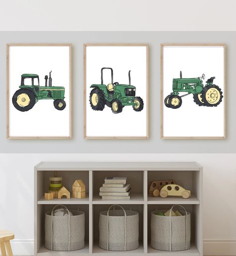 Toddler Tractor Bedroom, Tractor Wall Art, John Deere Room Ideas Kids, Vintage Tractor Bedroom, Tractor Room Decor Ideas, Tractor Boy Room, Little Boys Tractor Bedroom, Toddler Boy Tractor Bedroom, Baby Boy Tractor Nursery