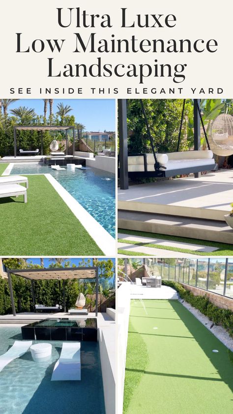 We transformed our client's outdoor space into their dream backyard and 3 years later it still looks as incredible as when construction was first complete. Read this post to see how we made the backyard resort high-end AND low-maintenance. This modern backyard design features turf surrounding the luxury pool to create a luxury hotel feel. See the full design here & follow for more luxury backyard designs, modern landscape designs & luxury pool designs. Modern Backyard Design With Pool, Luxury Pool Designs, Luxury Backyard Design, Backyard Entertainment, Modern Backyard Design, Backyard Resort, Luxury Homes Exterior, Luxury Landscaping, Modern Backyard Landscaping