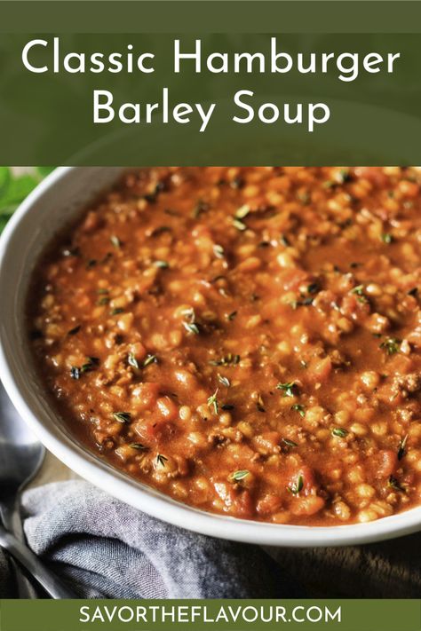 Soup Recipes Hamburger, Hamburger Barley Soup, Recipes Hamburger, Barley Soup Recipe, Barley Recipe, Garlic Beef, Beef Soup Recipes, Soup With Ground Beef, Beef Barley