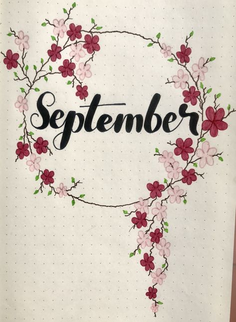 Journal Designs Layout, Month Drawings September, September Header, September Journal Cover, Floral Cover Page, September Journal Ideas, September Drawings, Bujo Monthly Cover, September Monthly Spread