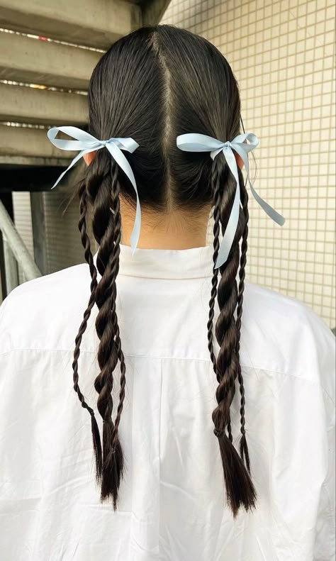 Pigtail Plaits Hairstyles, Pigtail Plaits, Bartending Hairstyles, 2 Plaits, Hot Weather Hairstyles, Bow Hairstyle, Hair Arrange, Ribbon Hairstyle, Hair Stylies