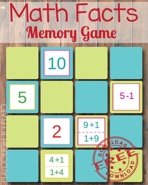 Math Fact Memory Game - Playdough To Plato Easy Math Games, Math Fact Games, Playdough To Plato, Math Games For Kids, Memory Games For Kids, Math Intervention, Fun Math Games, Math Addition, Classroom Games