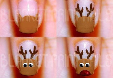 Nail Tutorial: Cute reindeer for Christmas! Nail Art Noel, Christmas Nail Art Easy, Christmas Nails Easy, Christmas Nail Art Designs, Xmas Nails, Christmas Nail Designs, Christmas Nail Art, Nail Art Tutorial, Nail Tutorials