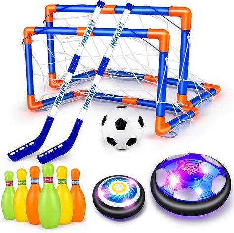 Hover Soccer Ball for Kids, 4-In-1 Air Floating Soccer Toy Set, Rechargeable Hover Soccer & Hockey Ball with LED Light, Indoor Outdoor Toys for Kids, Sport Toys for Boys Girls 3 4 5 6 7 8-12 Years Old Hockey Ball, Bowling Toys, Kids Motor Skills, Games For Boys, Outdoor Toys For Kids, Bowling Pins, Hockey Puck, Sports Toys, Soccer Games