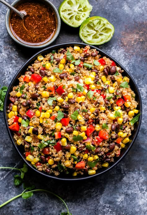 This Mexican Quinoa Salad with Honey Lime Vinaigrette is hearty enough to serve as a vegetarian main dish salad or as a side with your favorite protein. Mexican Quinoa Bowl, Corn Quinoa Salad, Corn Quinoa, Recipe Runner, Honey Lime Vinaigrette, Thai Salad Recipes, Mexican Quinoa Salad, Thanksgiving Salad Recipes, Salsa Salad