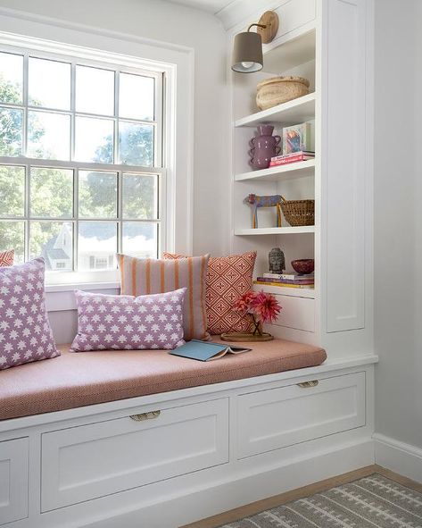 Bench Bookshelf, Bookshelf Nook, Modern Window Seat, Window Storage Bench, Window Seat Nook, Block Print Pillows, Window Seat Ideas, Bedroom Window Seat, Built In Window Seat