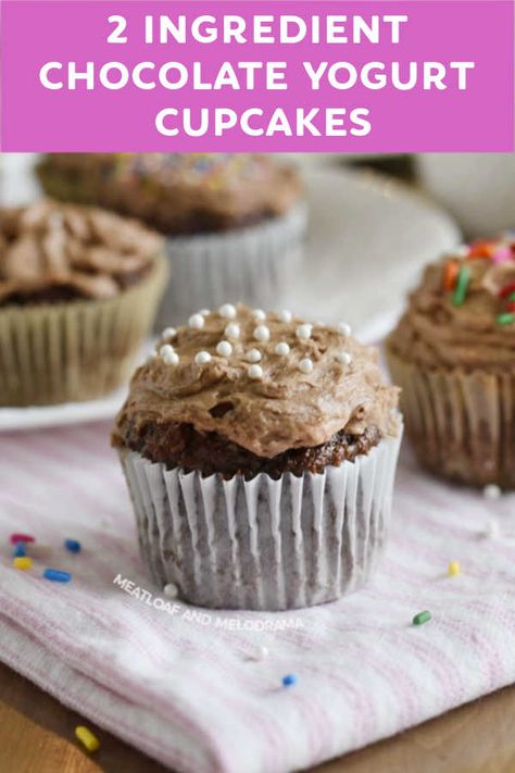 2 Ingredient Chocolate Cupcakes are made with Greek Yogurt and cake mix — no eggs ! This easy dessert recipe is delicious and perfect for chocolate lovers! 2 Ingredient Cupcakes, Greek Yogurt And Cake Mix Muffins, Ww Cupcake Recipes, Cake Mix And Greek Yogurt, Cake Mix Yogurt Muffins, Three Ingredient Greek Yogurt Cake, Cake Mix Greek Yogurt Cupcakes, Ww Cupcakes Cake Mixes, Greek Yogurt Chocolate Cupcakes