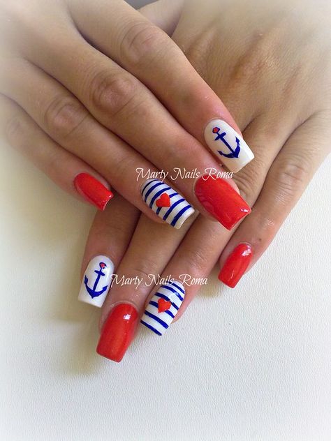 #nail #nails #nailart Sailor Nails, Cruise Nails, Nautical Nails, Patriotic Nails, Fourth Of July Nails, Cute Nail Art Designs, 4th Of July Nails, July Nails, Acrylic Nail Art