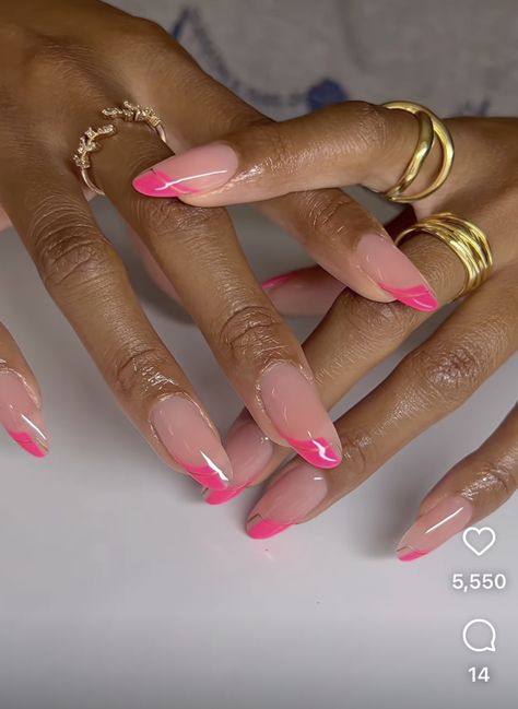 Umbra Nails, Pink Almond Nails Design, Almond French Tips, Almond Summer Nails, Neon Pink Heart, Pink Almond Nails, Almond Nails Designs, French Tips, Hot Nails