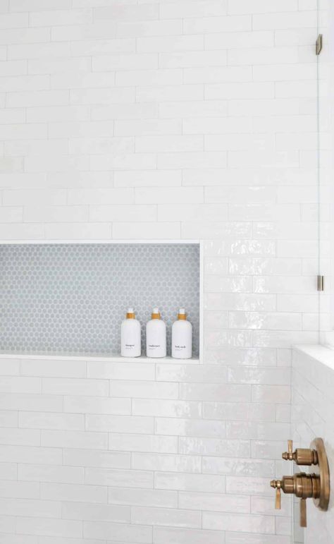 Walls Design Ideas, Penny Tiles Bathroom, Honeycomb Shelf, Tile Combinations, Bathroom Wallpaper Ideas, Walls Design, Subway Tile Showers, Shower Wall Tile, Bathroom Shower Walls