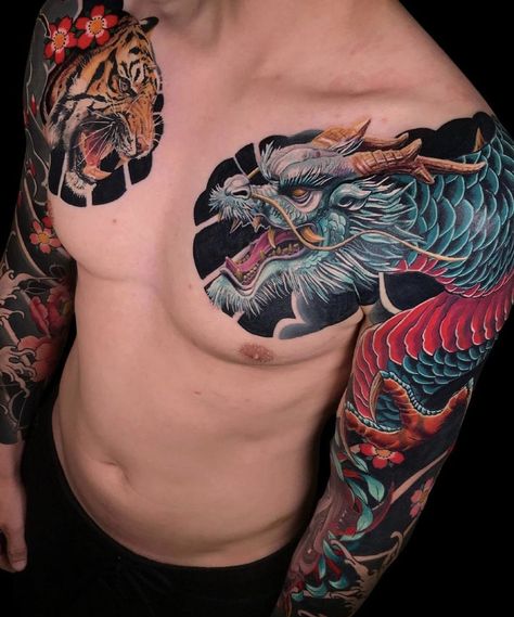 Dragon Tattoo Full Sleeve, Japanese Forearm Tattoo, Traditional Japanese Tattoo Sleeve, Shen Long Tattoo, Dragon Tattoo Arm, Japanese Tiger Tattoo, Tattoo Japanese Style, Dragon Tattoos For Men, Dragon Sleeve