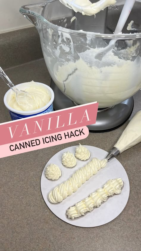 Cake Business Coach | Cyd Mitchell on Instagram: “🍓 This is a great canned icing hack in a pinch OR for your everyday bakes. To each her own is what I say. 😆 Yes, I could make icing from s…” Piping Canned Frosting, Tub Frosting Hacks, How To Make Cake Decorating Icing From Canned Frosting, Can Icing Hacks, Make Your Own Icing, Tub Icing Hacks, Canned Icing Hacks, How To Make Canned Frosting Pipeable, Canned Frosting Hacks