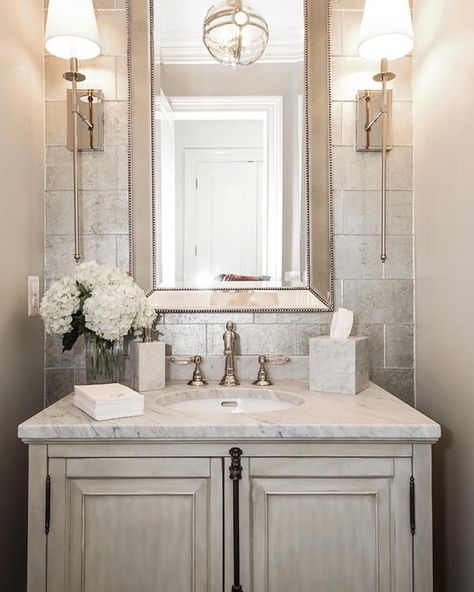 Such an elegant powder room! By Castlwood Custom Builders Elegant Powder Room, Sink Mirror, Powder Room Vanity, Powder Room Decor, Bad Inspiration, Guest Bathrooms, Trendy Bathroom, Bathroom Redo, Bath Room