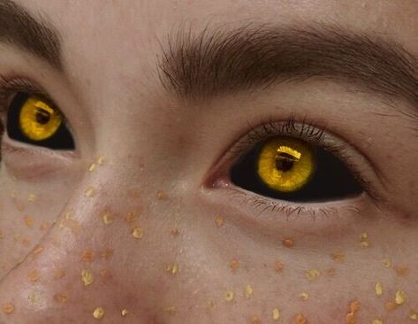 Closely cropped face looking up and to the left, showing from eybrows to nose. The eyes are edited with black sclera and gold irises. There are yellow paint freckles across the nose and cheeks. Golden Eye Color, Golden Eyes Aesthetic, Orange Eye Color, Sun Eyes, Orange Eyes, Demon Eyes, Golden Eyes, Aesthetic Eyes, Gold Eyes