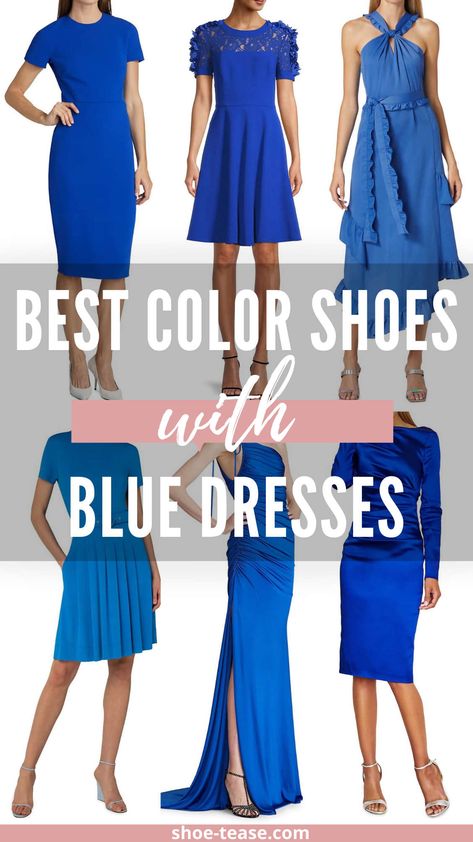 Azure Blue Dress Outfit, Royal Blue Business Dress, Styling Cobalt Blue Dress, Royal Blue Dress With Accessories, Royal Blue Dress Gold Shoes, Royal Blue Guest Wedding Dress, Royal Blue Dress Wedding Guest Outfit, Blue Dress Red Shoes Outfit, Navy Dress Accessories Wedding