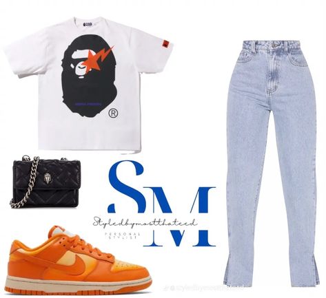 Orange And Black Dunks Outfit, Orange Black And White Dunks Outfit, Orange Graphic Tee Outfit, Fits With Orange Dunks, Orange University Gold Dunks Outfit, Orange Dunks, Orange Shirt Outfit, Outfit Pieces, Teen Swag Outfits