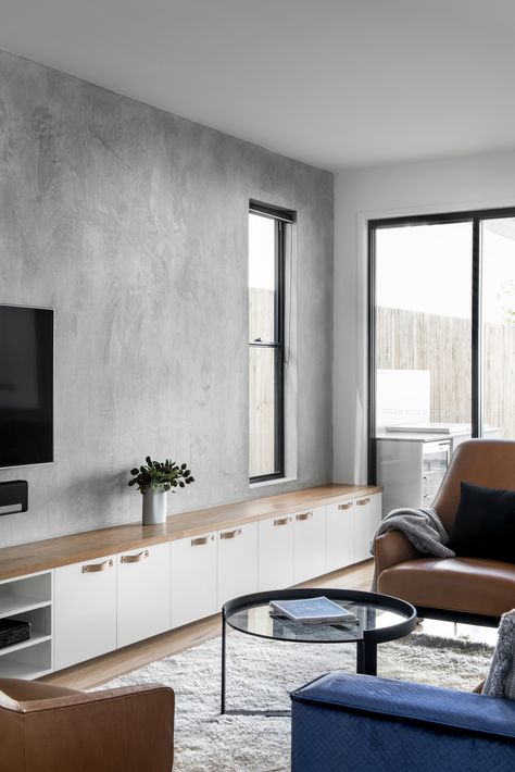 Concrete Wall Living Room, Concrete Minimalist House, Concrete Walls Interior, Concrete Living Room, Concrete Minimalist, House Render, Minimalist Houses, Concrete Interior Design, Hall House