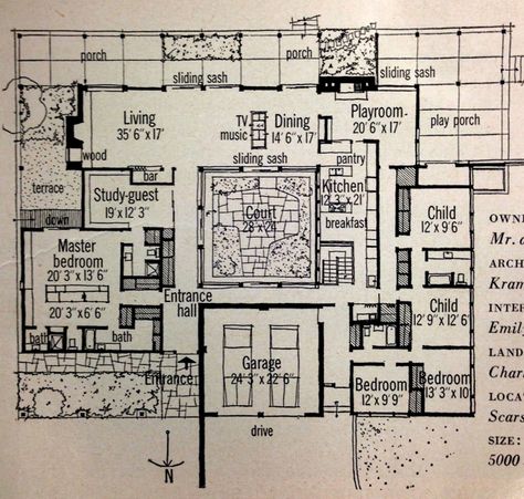 Mid Century Modern Home Layout, Atrium House Design, Midcentury Floors, 1970 House Plans, 80s House Layout, Courtyard Floorplan, Mcm Floor Plans, Midcentury Modern Floor Plan, Atrium Floor Plan