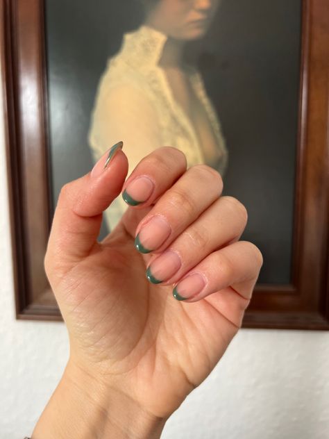 Short Gel Nails Green French Tip, Green Micro French Nails, Green Oval French Tip Nails, Round Colored French Tip Nails, Simple Acrylic Nails Green, Short Round Nails Green, Dark Green French Tip Nails Short, Green French Tip Short Nails, Green French Tips Short