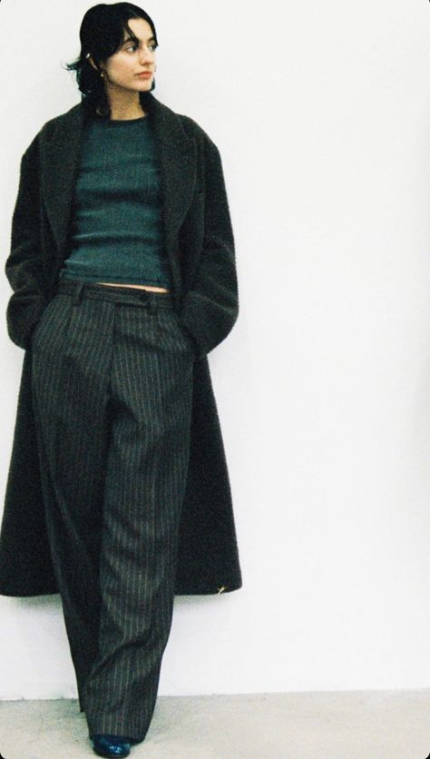 fashion fall winter outfit layering pinstrip pants big coat Pinstripe Pants Aesthetic, Layering Coats Winter Outfits, Pinstripe Pants Outfit Winter, Pinstripe Pants Outfit Aesthetic, Grey Pinstripe Pants Outfit, Masc Winter Fashion, Pinstripe Aesthetic, Androgynous Fashion Winter, Big Coat Outfit