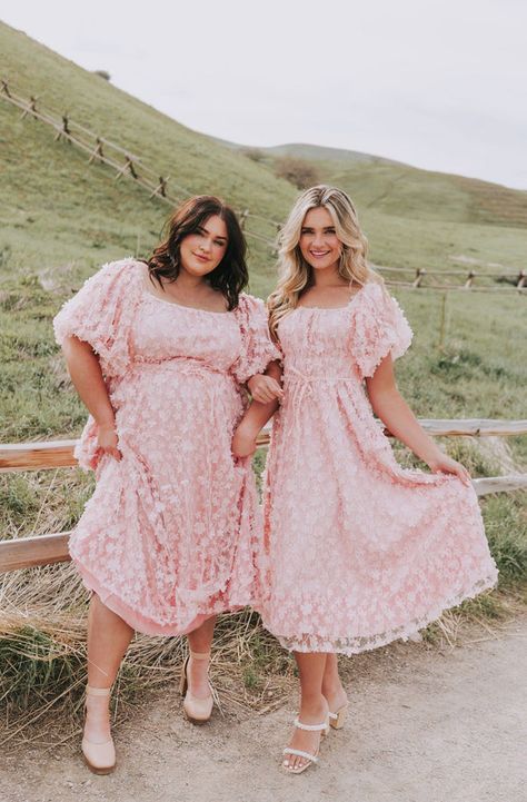 Plus Midi Dresses Pink Dress Puff Sleeves, Pink Prom Dresses Sleeves, Pink Bridesmaid Dress Plus Size, Pastel Dress Plus Size, Plus Size Pink Bridesmaid Dresses, Pink Tiered Maxi Dress, Pink Baby Shower Dress For Mom, Pink Garden Party Dress, Garden Party Maxi Dress