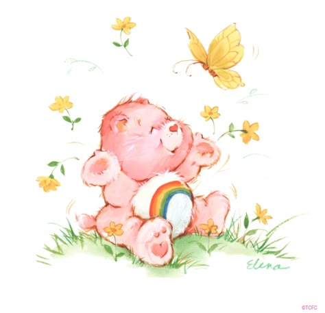 Care Bears: Cheer Bear and a Butterfly Pink Teddy, Care Bear, Care Bears, A Tattoo, Bears, Teddy Bear, Rainbow, Pink