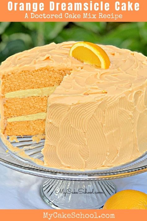 Moist and delicious Orange Dreamsicle Cake- A Doctored Cake Mix Recipe Orange Dreamsicle Cake Recipe, Dreamsicle Cake Recipe, Orange Dreamsicle Cake, Dreamsicle Cake, Orange Cream Cake, Orange Spice Cake, Orange Cakes, Doctored Cake Mix Recipes, Cake Mix Hacks