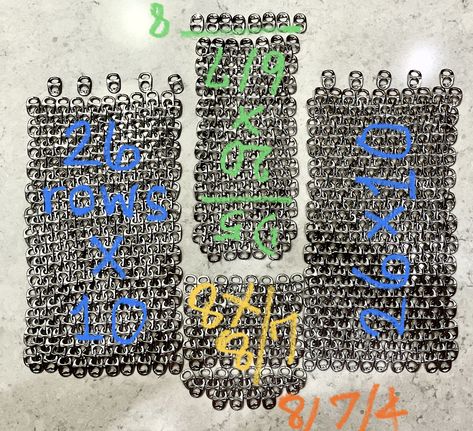 POP TAB CHAINMAIL - headpiece TEMPLATE (continued) Blue - sides: 26 rows of 10, yellow - chin: 1st row unclipped and 6 rows of 8 & 7, orange - neckline: 8/7/4, green - back: 1st row: 5 and then 20 rows of 6 & 7 followed by 8 tabs past the shoulder line to drape onto back Soda Tab Chainmail, Pop Tab Chain Mail, Chainmail Headpiece, Tab Chainmail, Pop Tab Chain, Diy Soda, Pop Can Tabs, Soda Tab, Can Tabs