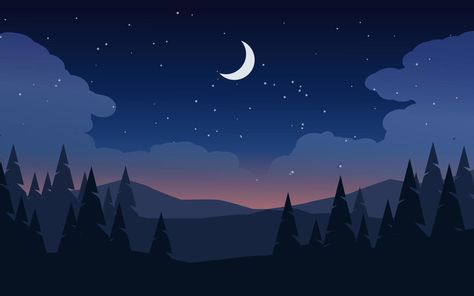 Beautiful calm night in mountain forest with moon and stars Stars In Sky Wallpaper, Night Sky Wallpaper Landscape, Night Aesthetic Computer Wallpaper, Moon And Stars Wallpaper Laptop, Pc Asethic Wallpaper, Night Mountain Illustration, Moon 16:9, Night Sky Laptop Wallpaper, Night Macbook Wallpaper