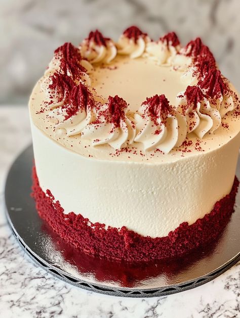 Red Velvet Cake   ❤️ 𝗜𝗻𝗴𝗿𝗲𝗱𝗶𝗲𝗻𝘁𝘀 ❤️ Red Velvet Cake Layers: 1 cup (125g) of all-purpose flour 1 tablespoon (8g) unsweetened cocoa powder 1/2 teaspoon (3g) baking soda 1/2 teaspoon (3g) salt 3 tablespoons (45g) unsalted butter, room temperature 1/2 tasse (100g) de sucre 1 petit œuf 6 tablespoons (80g) of vegetable oil 1/2 teaspoon (3 ml) white vinegar 1 teaspoon (5g) vanilla extract 1/2 cup (120g) butter, room temperature Red Velvet Cake With White Chocolate, Red Velvet Cake Vegan, Red Velvet Cake Homemade, Red Velvet Decoration Ideas, Red Velvet Cake Decoration Design Decorating Ideas, Christmas Red Velvet Cake Decorations, Red Velvet Birthday Cake Ideas For Women, Vanilla Cake Design Ideas, Red Velvet Cake Decoration Design