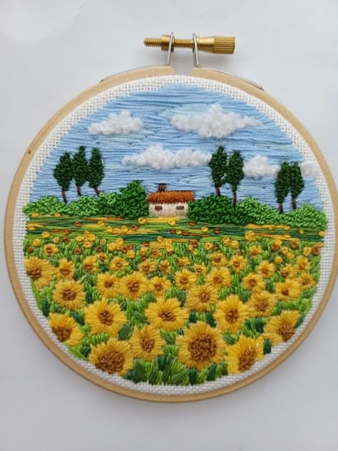 Sunflower Field Embroidery, Landscape Embroidery Patterns Free, Embroidery Landscape Easy, Countryside Embroidery, Wood Texture Painting, Sunflower Landscape, Embroidery Sunflower, Happy Landscape, Embroidery Landscape