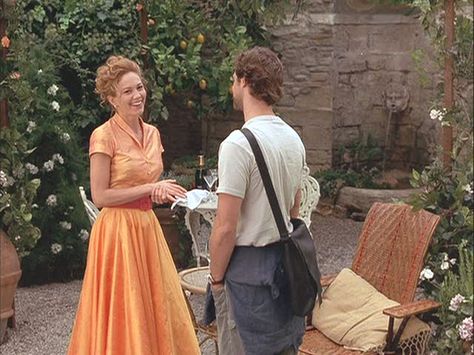 Diane Lane in Under the Tuscan Sun.  Love this scene, especially with actor David Movie Quiz, Under The Tuscan Sun, Emperors New Groove, Diane Lane, Italian Villa, Gone Girl, Film Inspiration, Costume Institute, Orange Dress