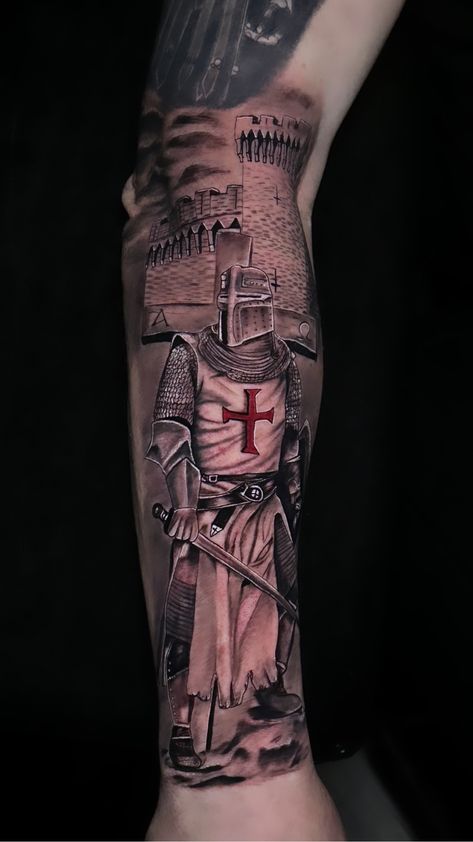 English Tattoo For Men, Crusades Tattoo, Crusader Tattoo Sleeve, German Tattoo For Men, St George Tattoo, Knights Templar Tattoo, Templar Tattoo, Templar Knight Tattoo, Guardian Angel Tattoo Designs