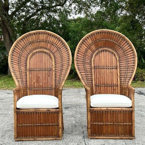 Make a statement with this Pair of Vintage Boho Split Rattan Fan Back Chairs. Featuring a stunning fan-shaped backrest crafted from split rattan, these chairs showcase intricate weaving and natural textures that embody bohemian charm. Perfect for adding warmth and character to any space, they offer a lightweight yet sturdy design ideal for casual seating or as decorative accent chairs. Versatile and timeless, they complement coastal, boho, or eclectic interiors effortlessly. Boho Rattan Chair, Rattan Fan, Coastal Boho, Rattan Chair, Eclectic Interior, Natural Texture, Vintage Boho, Accent Chairs, Accent Decor