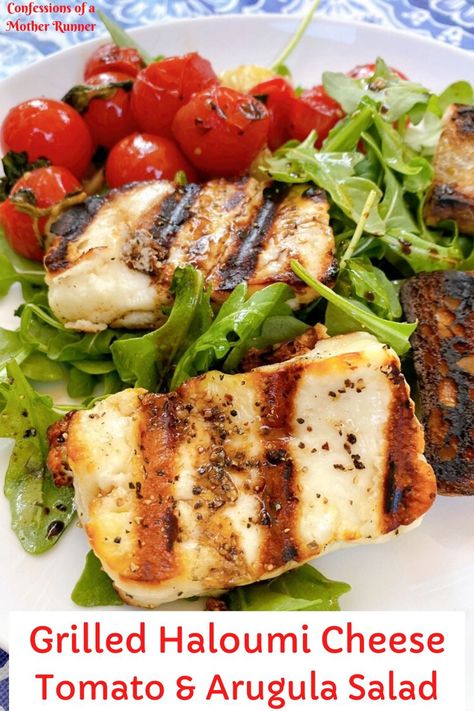 Tomato Arugula Salad, Runner Recipes, Halloumi Cheese Recipes, Haloumi Recipes, Haloumi Cheese, Girls On The Run, Vegetarian Protein Sources, Salad Summer, Cheese And Tomato