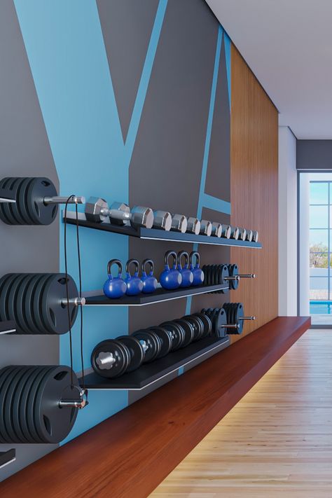 We designed this modern, organized shelving for kettlebells, dumbbells, and weight plates. Kettlebell Storage, Gym Storage, Dumbbell Storage, Home Gym Decor, Exterior Renovation, Gym Ideas, Gym Decor, Residential Interior Design, Inspiring Spaces