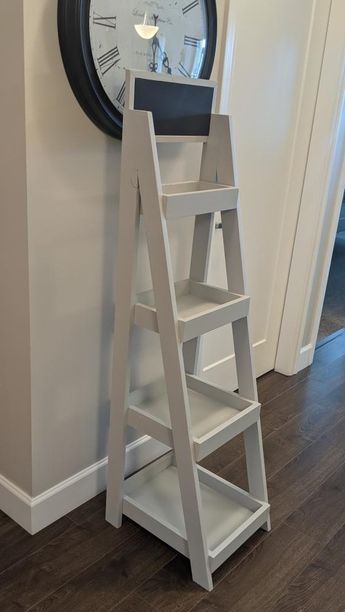 Diy Latter Shelf, Narrow Ladder Shelf, Diy Ladder Shelf, Ladder Shelf Decor, Tower Shelf, Ladder Shelf Diy, Bathroom Ladder, Outdoors Ideas, Shelf Diy