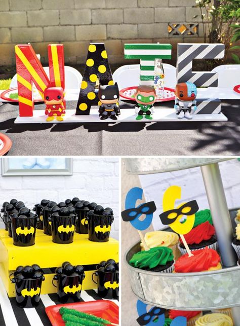 Justice League Birthday Party, Justice League Artwork, Birthday Parties For Boys, Justice League Party, 5th Birthday Party Ideas, Avengers Party, Kids Themed Birthday Parties, Batman Party, Party Hostess