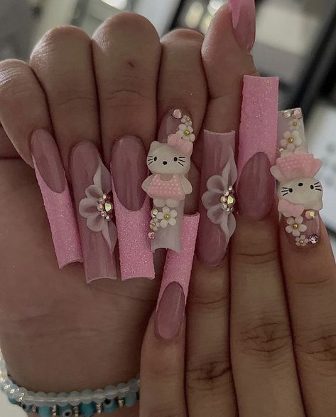 Cute Pink Hello Kitty Nails, Hello Kitty Star Nails, Hello Kitty Nails With Flowers, Pink Nails With Hello Kitty Charms, Hot Pink Hello Kitty Nails, Hello Kitty Nail Inspo Acrylic, 3d Flower Nails Coffin, Purple Hello Kitty Nails, Nails Acrylic Hello Kitty