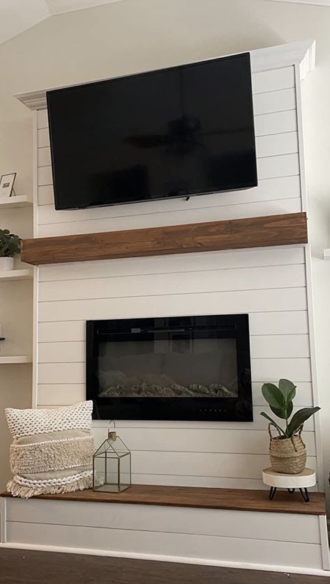 Ship Lapped Walls Living Room Tv, Shiplap Wall Mantle, Mantle On Shiplap Fireplace, Gas Fireplace Without Chimney, Faux Fireplace Wall With Tv, Wood Plank Fireplace Wall, Shiplap Electric Fireplace Wall With Tv, Stone And Shiplap Fireplace With Tv, Shiplap Wall Fireplace With Tv