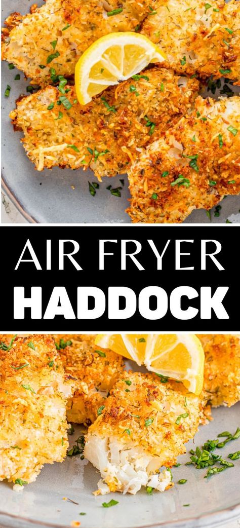 Overhead shot of plateful of breaded air fryer haddock at top and closeup shot of plateful of breaded air fryer haddock at bottom. Air Fryer Haddock, Cooking Haddock, Fried Haddock Recipes, Baked Haddock Recipes, Fried Haddock, Air Fried Fish, Baked Haddock, Haddock Recipes, Air Fryer Fish Recipes