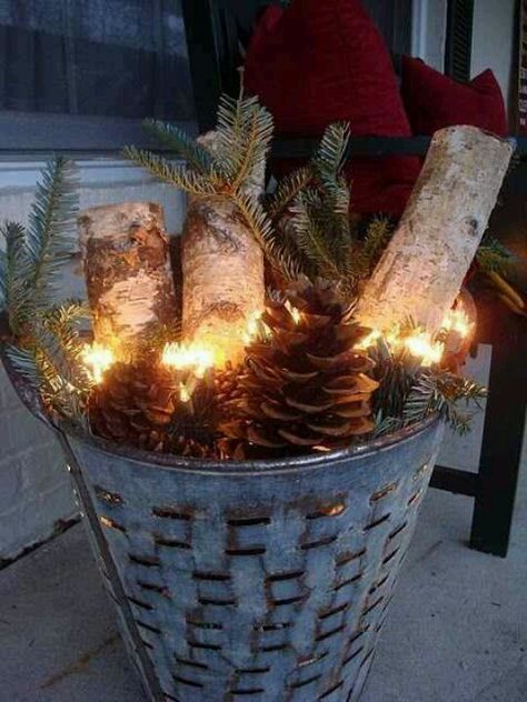 Pinecones, Logs, Fir Branches & Lights  #Christmas #decorations   Christmas decoration Natal Country, Christmas Front Porch, Diy Christmas Decorations, Front Porch Christmas Decor, Christmas Porch, Noel Christmas, Country Christmas, Christmas Deco, Christmas Joy