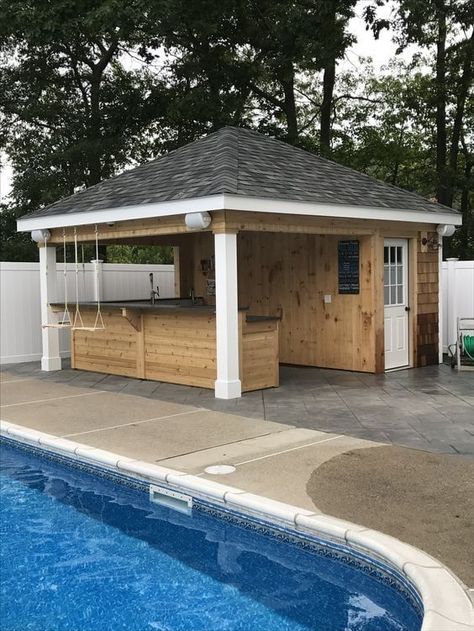 Pool Shed With Bar And Storage, Small Pool Shed Ideas, Outdoor Pool Bar Ideas, Pool Pergola Ideas Cabanas, Bar With Swings, Pool Cabana Design, Spilled Flower Pot Ideas, Pool Bar Ideas, Pool Cabana Ideas