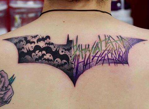 Batman Joker Tattoo, Batman Logo Tattoo, Batman Symbol Tattoos, Tato Geisha, Batman Tattoos, Dc Tattoo, Joker Tattoo Design, Harley Quinn Tattoo, Batman Tattoo