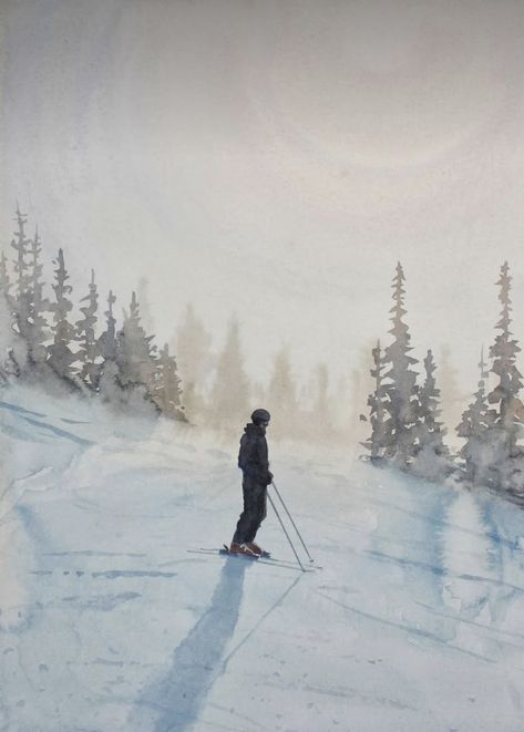 Watercolor Skiing, Watercolour Snow, Ski Painting, Skiing Tattoo, Skiing Art, Ski Art, Winter Landscape Painting, Watercolor Beginner, Watercolour Landscape