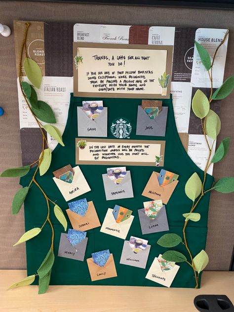 Partner Appreciation Board, Starbucks Employee Board, Barista Of The Month Board, Team Recognition Board, Starbucks Boards Ideas, Starbucks Recognition Board, Barista Of The Week Board, Starbucks Appreciation Board, Week Of Kindness Ideas Starbucks