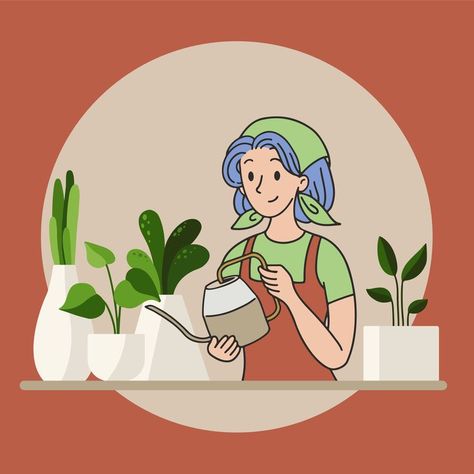 A lady at home gardening and watering plants i n dark salmon background. Watering Plants Drawing, Watering Plants Illustration, Watering Plants, Home Gardening, Plant Drawing, Plant Illustration, Green House, Water Plants, Girly Art