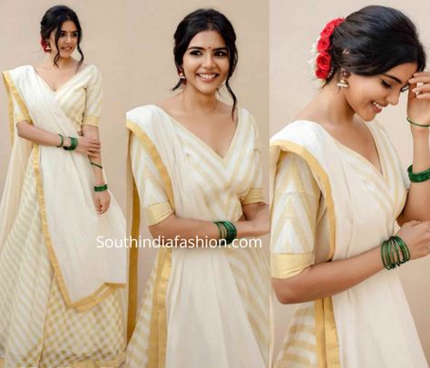 kalyani priyadarshan in traditional kerala kasavu lehenga scaled Kerala Look Photoshoot, Palazzo Onam Outfit, Kerala Traditional Dhavani Set, Set Lehanga Kerala, Mylanchi Function Dress Kerala, Kerala Traditional Hairstyles, Onam Saree Photoshoot Ideas, Onam Outfits Ideas Dhavani, Kerala Saree Lehenga